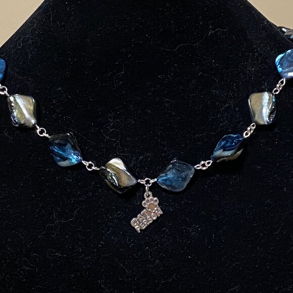 Blue Irregular Mother of Pearl Shell Necklace + Cat Person Paw Print Pendant - Picture 3 of 13
